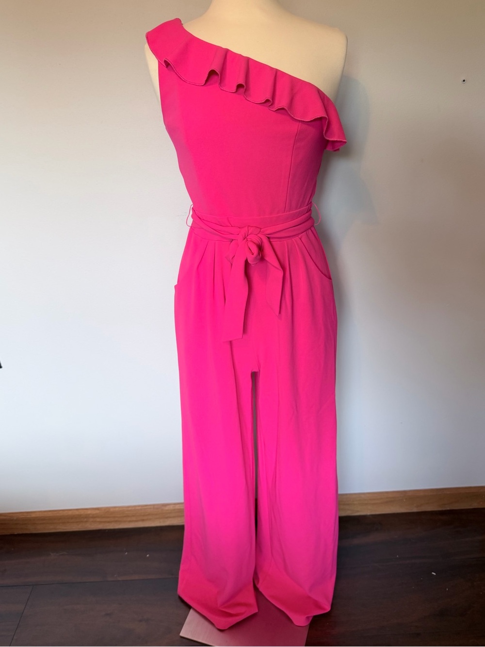 Emerald Sundae One-Shoulder Ruffle Hot Pink Jumpsuit